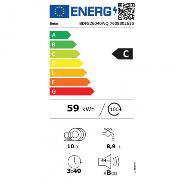 Beko BDFS 26040 WQ Ελεύθερο Πλυντήριο Πιάτων για 10 Σερβίτσια Π45xY85εκ. Λευκό