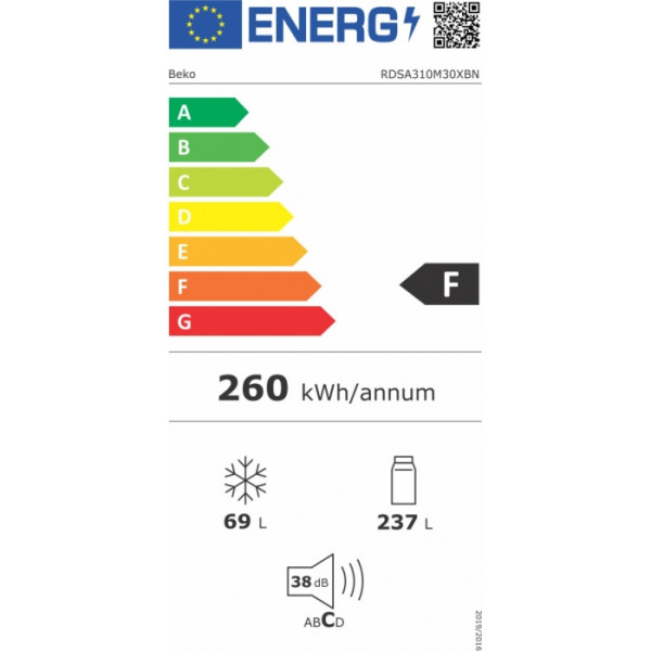 Beko RDSA310M30XBN Ψυγείο Δίπορτο 306lt Inox Υ175xΠ59.5εκ.