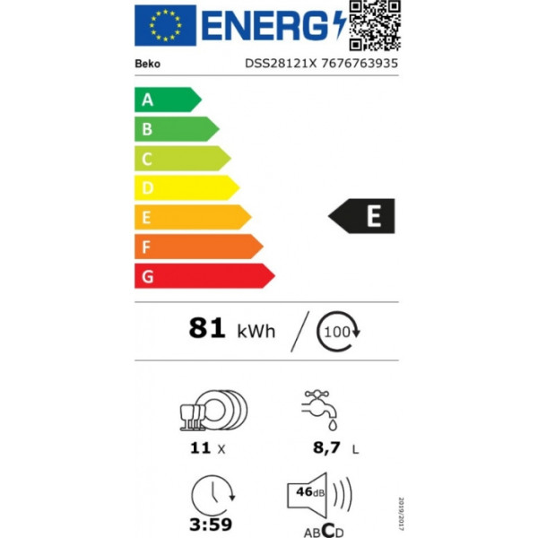 Beko DSS 28121 X Πλυντήριο Πιάτων Εντοιχιζόμενο